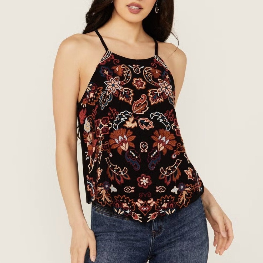 Idyllwind Scrolling Floral Haze Embroidered Sleeveless Top Size Large